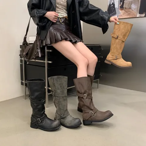 Bottes Longues Compensées Vintage Vieillies Pour Femmes Talons Épais Bottes de Moto Mode Casual Bottes Hautes