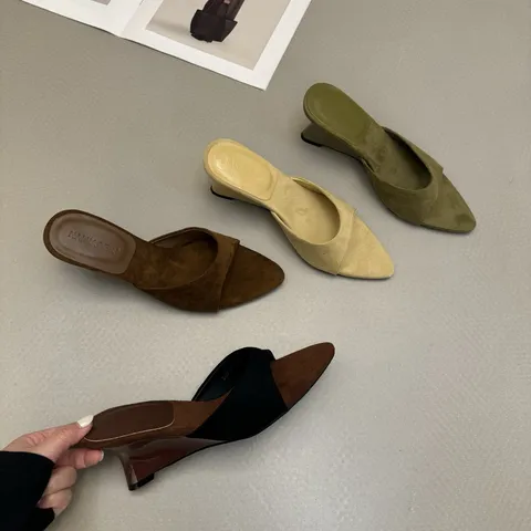 French Elegant Women's Pointed Toe Wedge Heel Slippers Summer Fashion Microfiber Outdoor Casual High Heel Sandals Shoes