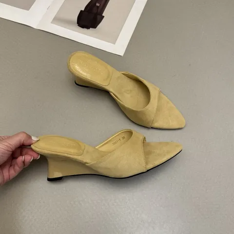 French Elegant Women's Pointed Toe Wedge Heel Slippers Summer Fashion Microfiber Outdoor Casual High Heel Sandals Shoes