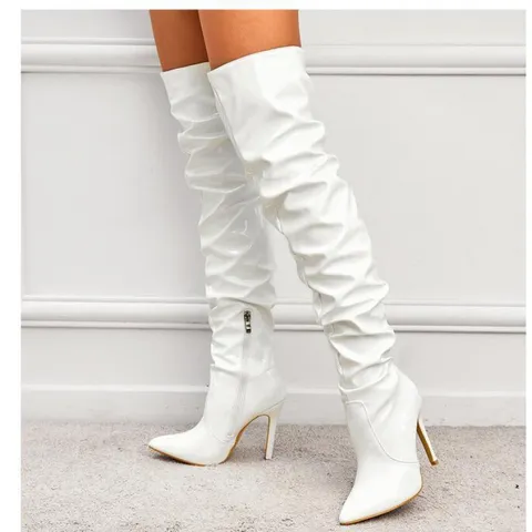 Bottes Cuissardes à Talons Hauts Stiletto et Bout Pointu pour Femmes en Cuir PU