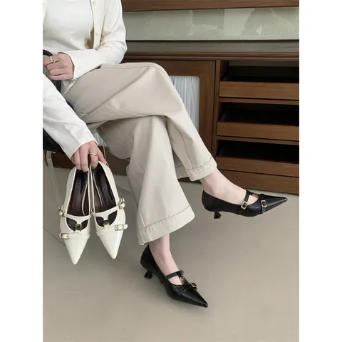 French Retro Pointed Toe Kitten Heel Pumps Women Elegant Commuting Shallow Cut Metal Buckle Dress Shoes