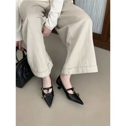 French Retro Pointed Toe Kitten Heel Pumps Women Elegant Commuting Shallow Cut Metal Buckle Dress Shoes