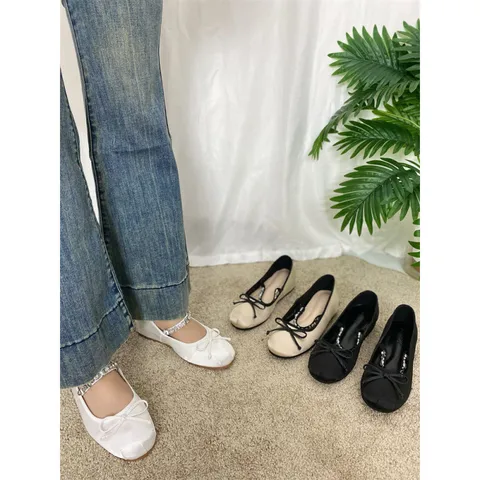 Women Mary Jane Flat Shoes Sweet Bow Rhinestone Satin Casual Walking Shoes Low Heel Comfortable Footwear