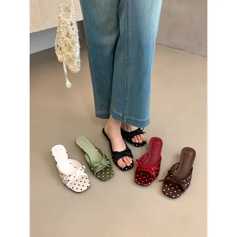 Women Polka Dot Bow Square Toe Kitten Heel Sandals Elegant Satin Slip On Mules Summer Casual Dress Shoes