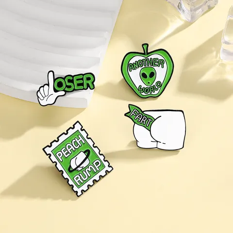 Creative Alloy Enamel Brooch Pin Alien Apple Peach Rump Loser Stamp Badge For Backpack Clothing Decor Unisex Quirky Jewelry