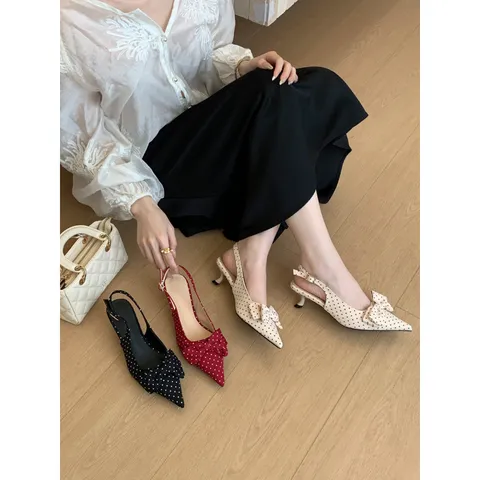 Women's Polka Dot Slingback Kitten Heels Elegant Pointed Toe Bowknot Dress Shoes Fashion Casual Work Pumps