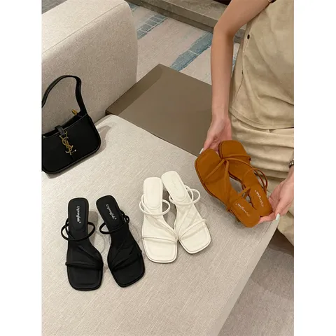 Minimalist Square Toe Cross Strap Kitten Heel Sandals For Women Cowhide Leather Low Heel Slip-on Dress Shoes