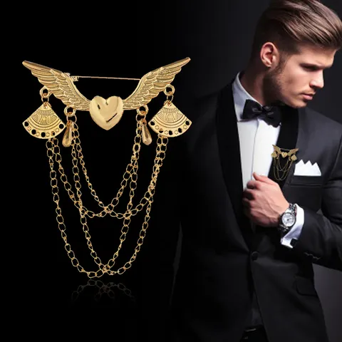 Creative Alloy Angel Wings Heart Tassel Chain Brooch Electroplated Vintage Geometric Suit Pin Costume Badges Jewelry Gift For Men Women