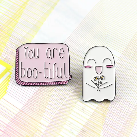 Trendy You Are Boo-tiful Slogan Pink Speech Bubble And White Ghost Holding Flowers Alloy Enamel Brooch Pin For Clothing Bags