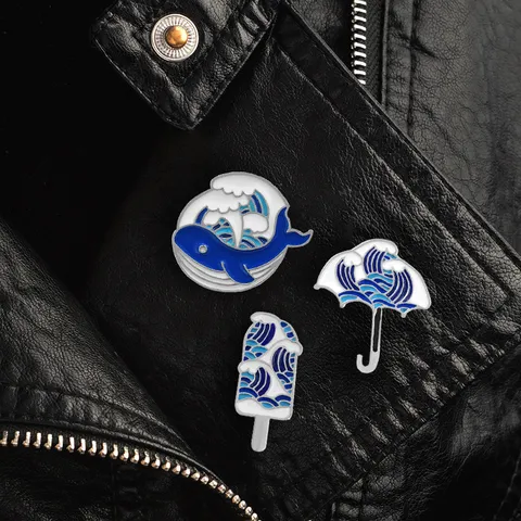 Chinese Style Wave Pattern Enamel Brooch Whale Umbrella Popsicle Shape Alloy Lapel Pin Jewelry Accessory For Unisex