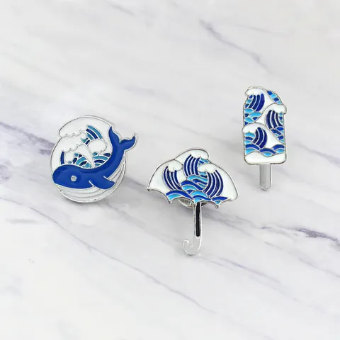Chinese Style Wave Pattern Enamel Brooch Whale Umbrella Popsicle Shape Alloy Lapel Pin Jewelry Accessory For Unisex