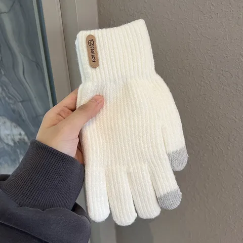 Women Winter Warm Knitted Touch Screen Gloves Thickened Fleece Lined Five Finger Outdoor Cycling Thermal Gloves
