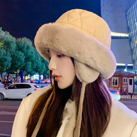 Women Winter Warm Trapper Hat Thickened Quilted Windproof Bomber Hat Faux Fur Ear Flap Plaid Ushanka Hat