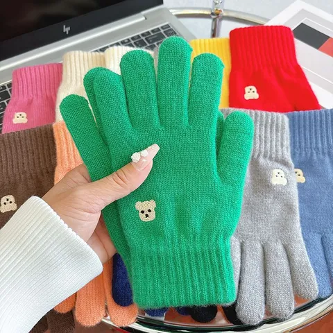 Damen Winter Warm Gestrickte Handschuhe Süß Bär Stickerei Touchscreen Geteilte Finger Fäustlinge Tägliches Kaltes Wetter Thermo Zubehör