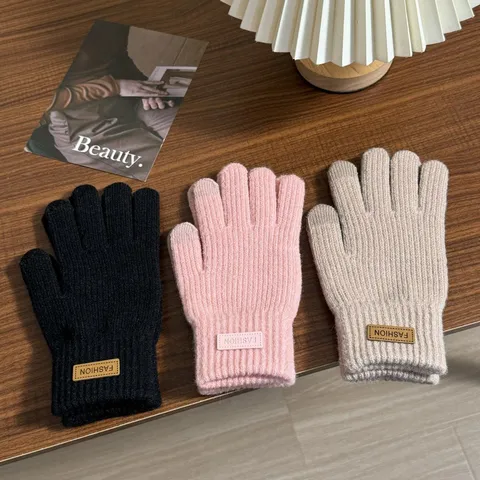 Women Winter Warm Knitted Touch Screen Gloves Thickened Fleece Lined Five Finger Outdoor Cycling Thermal Gloves