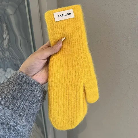 Women's Winter Warm Rabbit Fur Knit Gloves Solid Color Full Finger Mittens