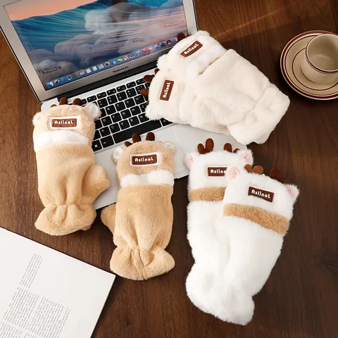 Winter Cute Antler Plush Gloves Thickened Warm Student Half Finger Flip Touch Screen Polyester Blend Gloves