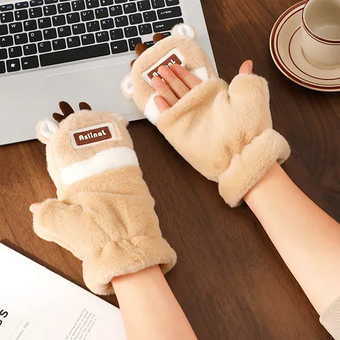 Winter Cute Antler Plush Gloves Thickened Warm Student Half Finger Flip Touch Screen Polyester Blend Gloves