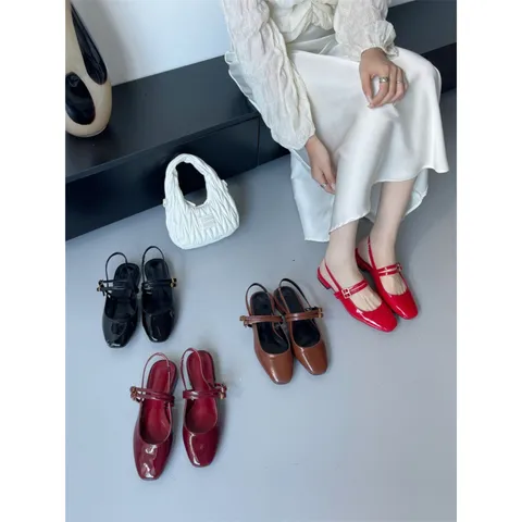 Women Fashion Patent Leather Chunky Heel Slingback Shoes Square Toe Mid Heel Pumps Casual Dress Footwear