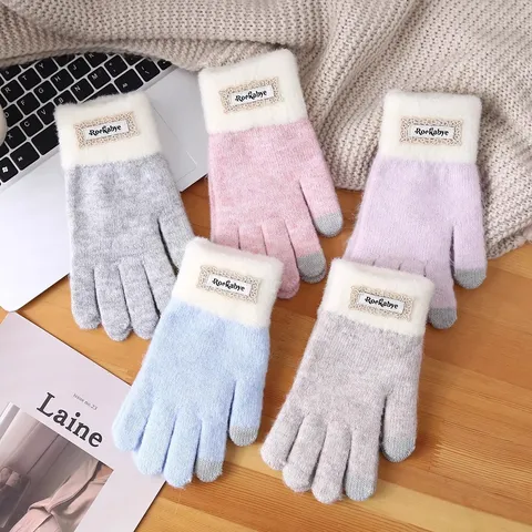 Women Winter Warm Knit Gloves Fleece Lined Thickened Touchscreen Gloves Colorblock Cycling Cold Weather Gloves