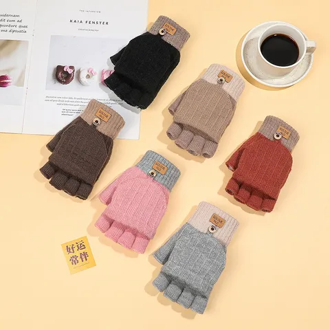 Women Winter Warm Knit Gloves Flip Cover Convertible Fingerless Gloves Thickened Thermal Fleece Feel Gloves Cold Weather Gear