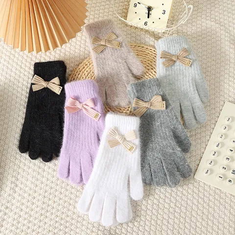 Women's Winter Warm Knit Gloves Sweet Bow Wool Blend Casual Outdoor Cold Weather Thermal Gloves