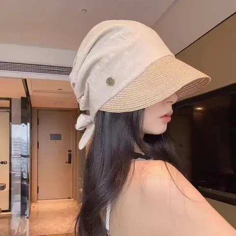 Women Straw Sun Hat Color Block Pleated Bucket Hat Wide Brim UV Protection Summer Outdoor Casual Beach Hat
