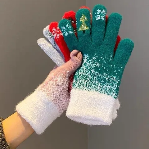 Women Winter Thickened Warm Fleece Lined Knit Touchscreen Gloves Christmas Snowflake Pattern Cold Weather Gloves