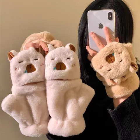 Women Winter Warm Plush Gloves Cute Capybara Panda Bear Flip Cover Half Finger Fleece Cold Proof Writing Gloves