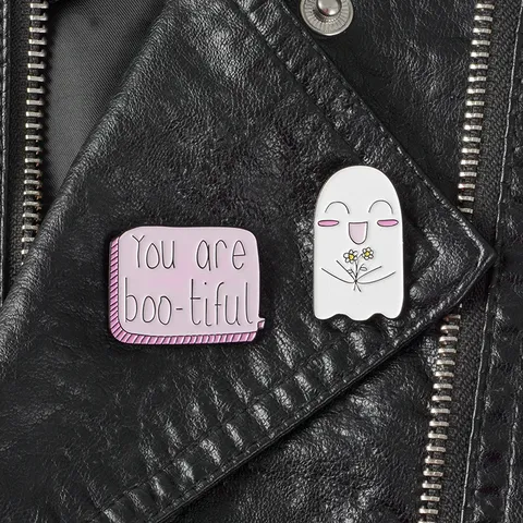 Trendy You Are Boo-tiful Slogan Pink Speech Bubble And White Ghost Holding Flowers Alloy Enamel Brooch Pin For Clothing Bags