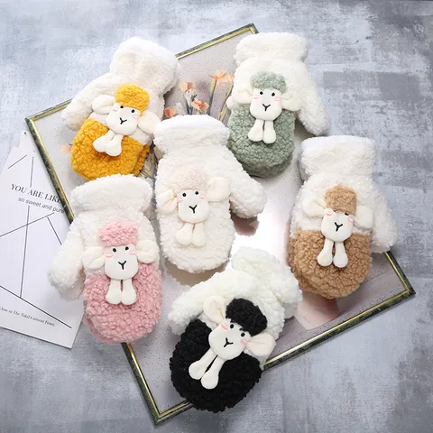 Winter Warm Plush Mitten Gloves Cute Cartoon Sheep Embroidered Thermal Windproof Cold-Weather Gear For Women