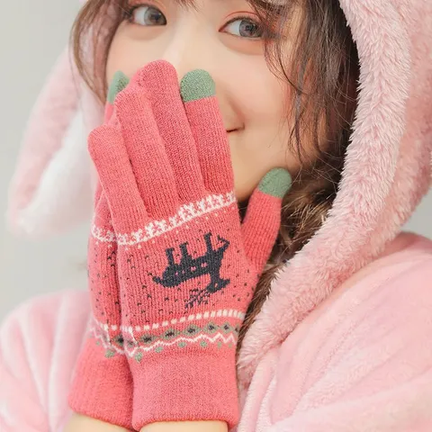 Women's Winter Warm Knitted Touch Screen Gloves Cute Elk Pattern Fleece Lined Thickened Thermal Mittens Daily Wear