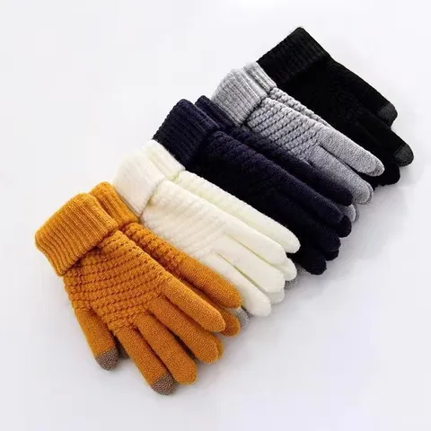 Winter Warm Touch Screen Knitted Gloves For Men And Women Thermal Fleece Lined Five Finger Gloves Outdoor Riding