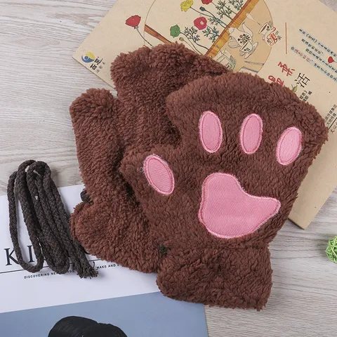 Women Winter Warm Cat Claw Half Finger Gloves Cute Plush Soft Fleece Lined Student Typing Gloves Daily Wear