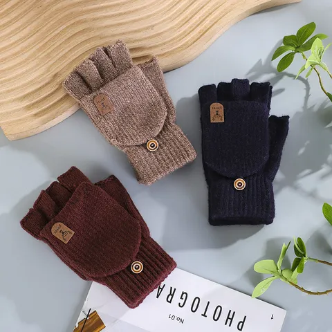 Winter Thermal Knitted Half Finger Gloves Unisex Flip Cover Convertable Keyboard Gloves
