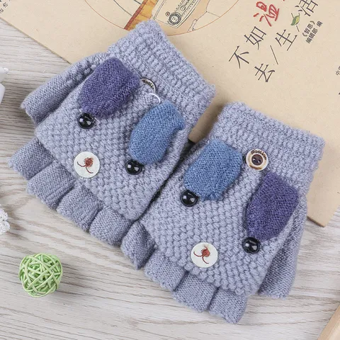 Kids Knitted Half Finger Flip Top Gloves Cute Puppy Woolen Warm Winter Cold Proof Daily Wear Children Mittens