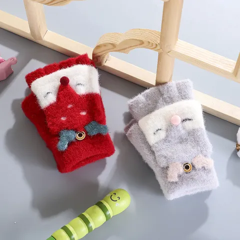Cute Fox Cartoon Kids Knit Gloves Convertible Fingerless Warm Winter Mittens For Students Children Daily Writing