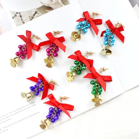 Fashion Christmas Bow Ribbon Bell Drop Earrings For Women Long Tassel Rhinestone Dangle Earrings Festive Party Jewelry