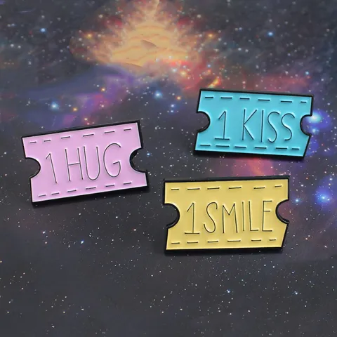 Creative Alloy Movie Ticket Enamel Brooch Pin 1 SMILE 1 HUG 1 KISS Letter Badge For Backpack Shirts Clothing Accessories