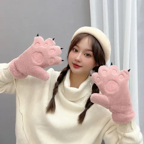 Guantes de Peluche con Pata de Oso y Gato Kawaii Japonés Mujer Invierno Cálido Espesado Térmico Dedo Completo Medio Dedo Accesorios