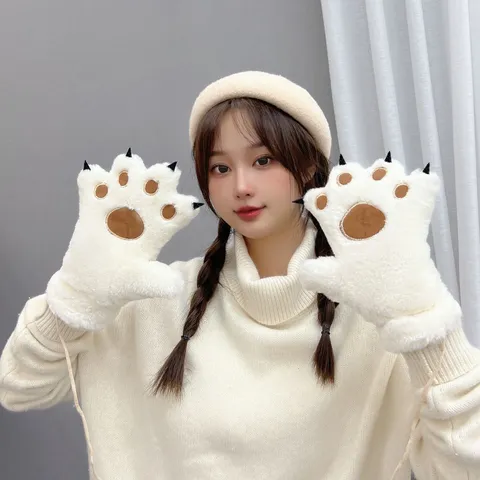 Guantes de Peluche con Pata de Oso y Gato Kawaii Japonés Mujer Invierno Cálido Espesado Térmico Dedo Completo Medio Dedo Accesorios