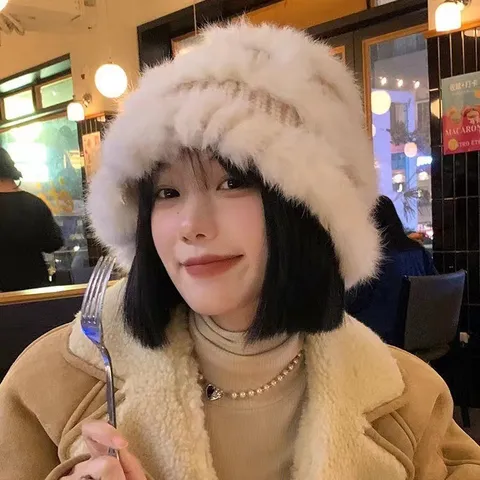 Women Winter Warm Plush Bucket Hat Acrylic Knitted Thickened Furry Fisherman Cap Casual Stylish Solid Color Hat