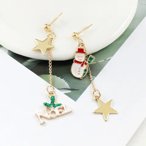 Süße Legierung Noel Weihnachten Schneemann Stern Asymmetrische Lange Ohrringe Süße Öltropfen Festlicher Party Schmuck Geschenk Für Damen
