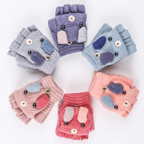 Kids Knitted Half Finger Flip Top Gloves Cute Puppy Woolen Warm Winter Cold Proof Daily Wear Children Mittens