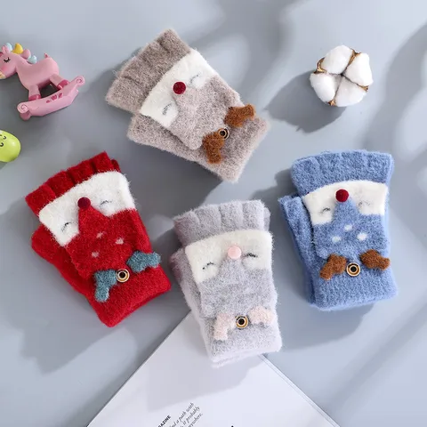 Cute Fox Cartoon Kids Knit Gloves Convertible Fingerless Warm Winter Mittens For Students Children Daily Writing