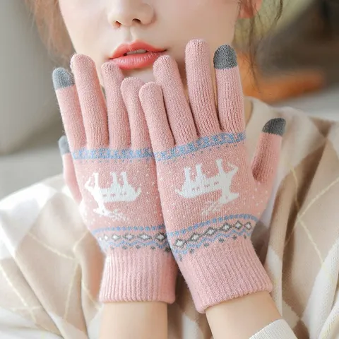 Women's Winter Warm Knitted Touch Screen Gloves Cute Elk Pattern Fleece Lined Thickened Thermal Mittens Daily Wear