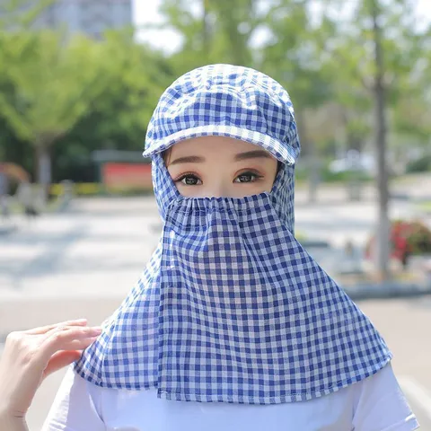 Women's Sun Hat Plaid Wide Brim Anti-UV Face Cover Outdoor Gardening Cap