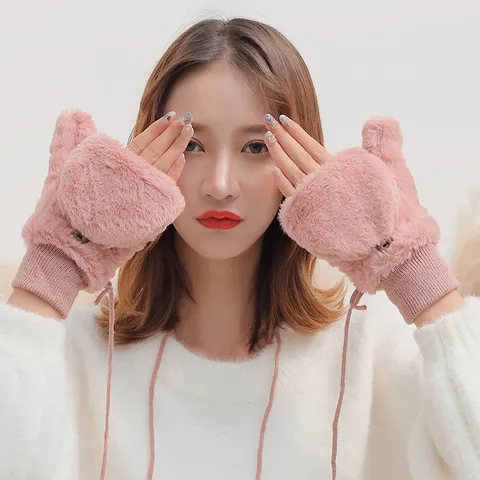 Women Winter Warm Plush Mitten Gloves Flip-Top Convertible Thickened Cold-Proof Windproof Mittens With Anti-Lost Lanyard
