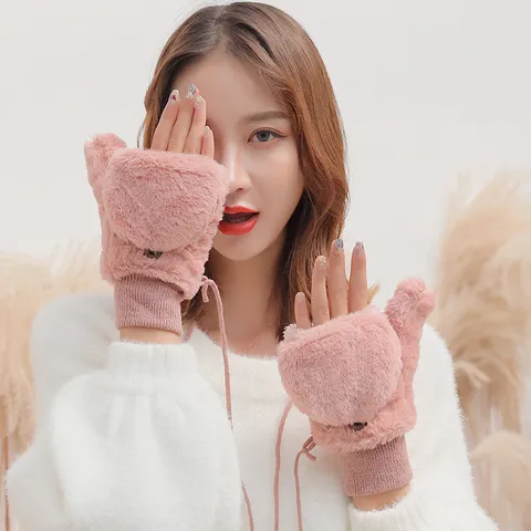Women Winter Warm Plush Mitten Gloves Flip-Top Convertible Thickened Cold-Proof Windproof Mittens With Anti-Lost Lanyard