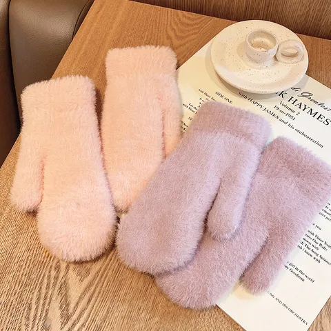 Winter Warme Kunstminkbont Wanten Voor Volwassenen Verdikte Pluche Winddicht Effen Kleur Leuke Koreaanse Stijl Koud Weer Handschoenen